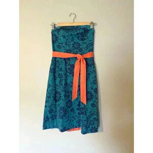 Anthropologie Maeve Dress Women's Size 6 Floral Strapless Blue Coral Belt Lining